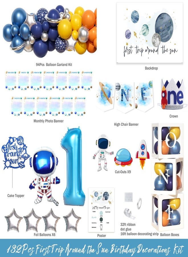 Fiesec First Trip Around the Sun Birthday Decorations, Outer Space 1st Birthday Decorations Balloon Garland Photo Highchair Banner Box Cutout Crown Poster Cake Topper Astronaut Spaceship 125 PCs - Image 2